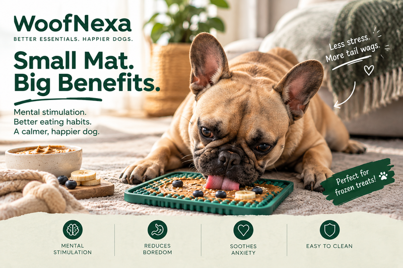 WoofNexa CalmLick Slow Feeder Lick Mat with French bulldog