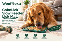 WoofNexa CalmLick Slow Feeder Lick Mat with golden retriever