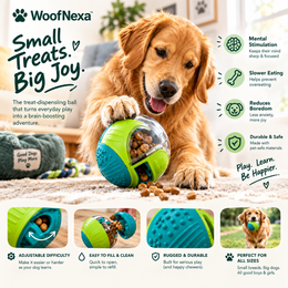 WoofNexa PuzzleRoll treat-dispensing puzzle ball with happy dog