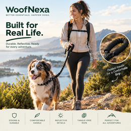 WoofNexa SafeStride reflective rope dog leash with hiker and dog on a mountain trail