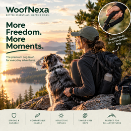 WoofNexa SafeStride reflective rope dog leash with hiker and dog at sunset